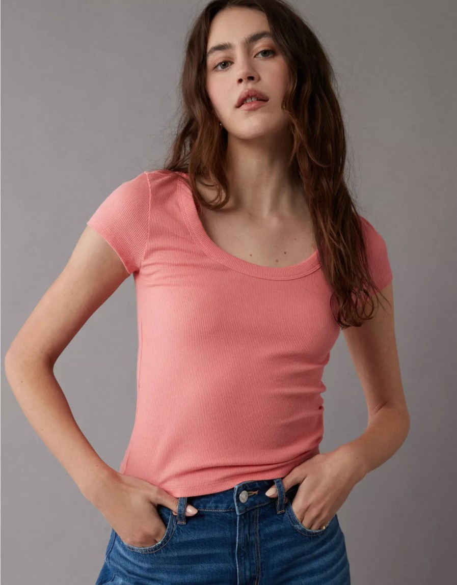 Mujer American Eagle | Camiseta Acanalada De Manga Corta Para Bebe Ae Hey