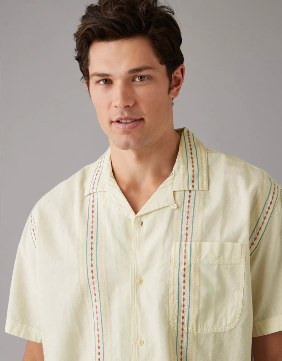 Hombres American Eagle | Camisa Junto A La Piscina Con Botones Y Rayas Ae