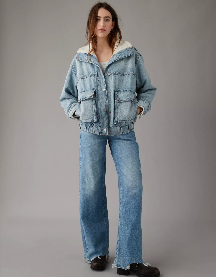 Mujer American Eagle | Chaqueta Bomber De Sherpa De Denim Extragrande Ae