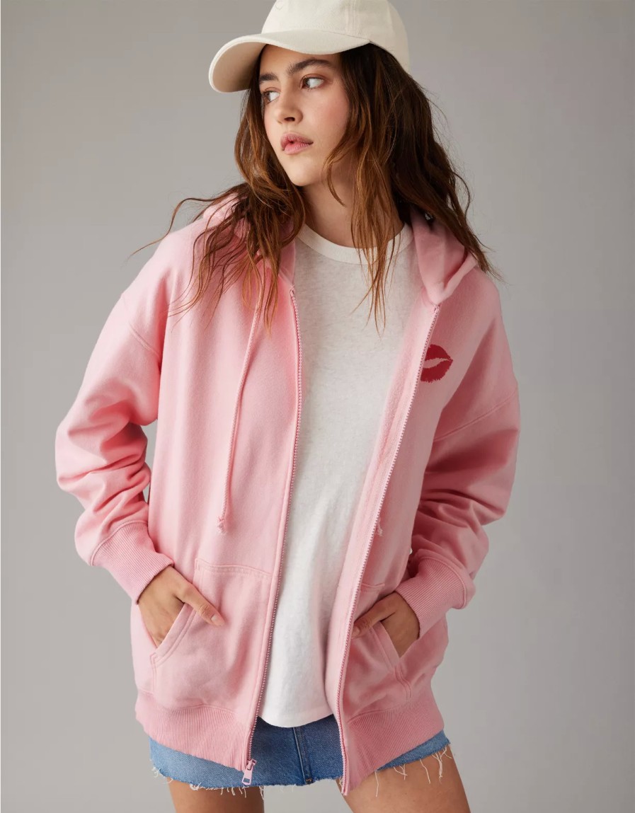 Mujer American Eagle | Ae X Mean Sudadera Con Capucha Rosa Extragrande Con Cremallera Para Ninas