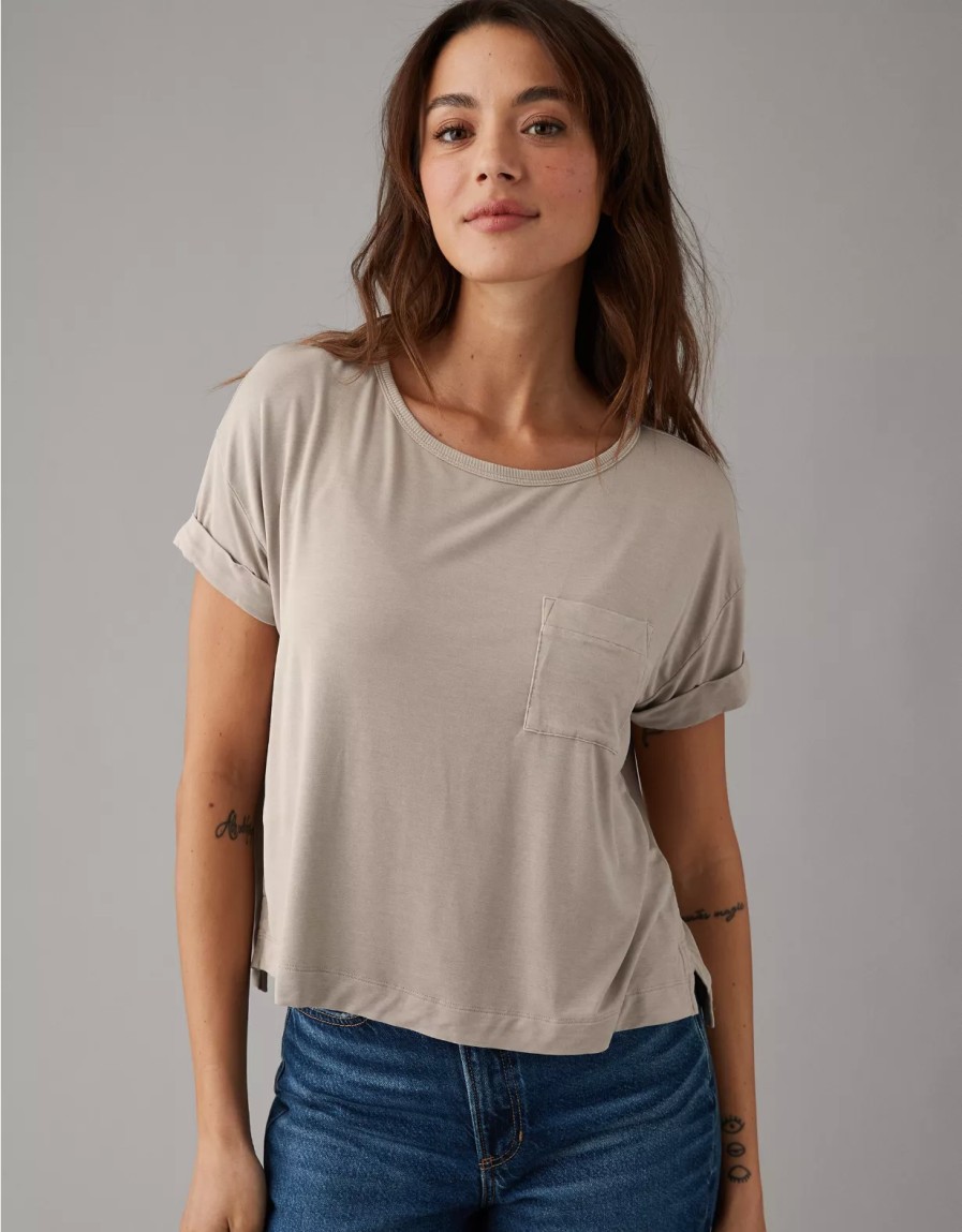 Mujer American Eagle | Camiseta Extragrande De Manga Corta Con Bolsillo Ae Soft & Sexy