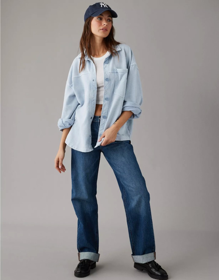 Mujer American Eagle | Camisa Oversize De Punto Con Botones Ae